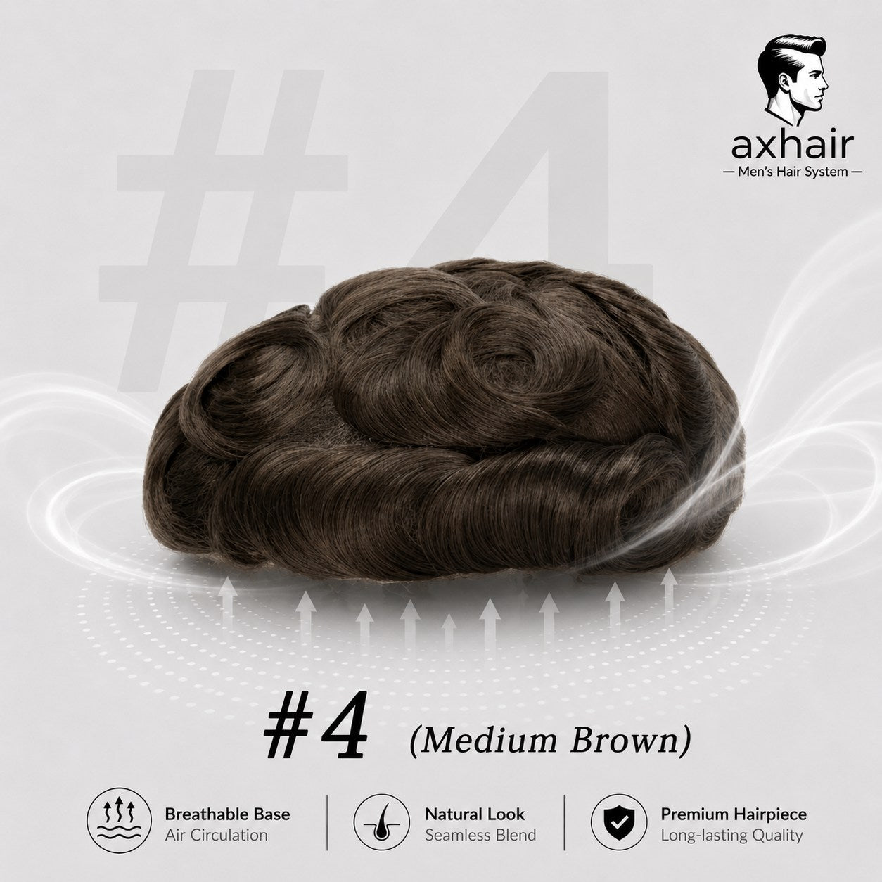 Full toupee with medium brown wavy hair, #4, rounded top